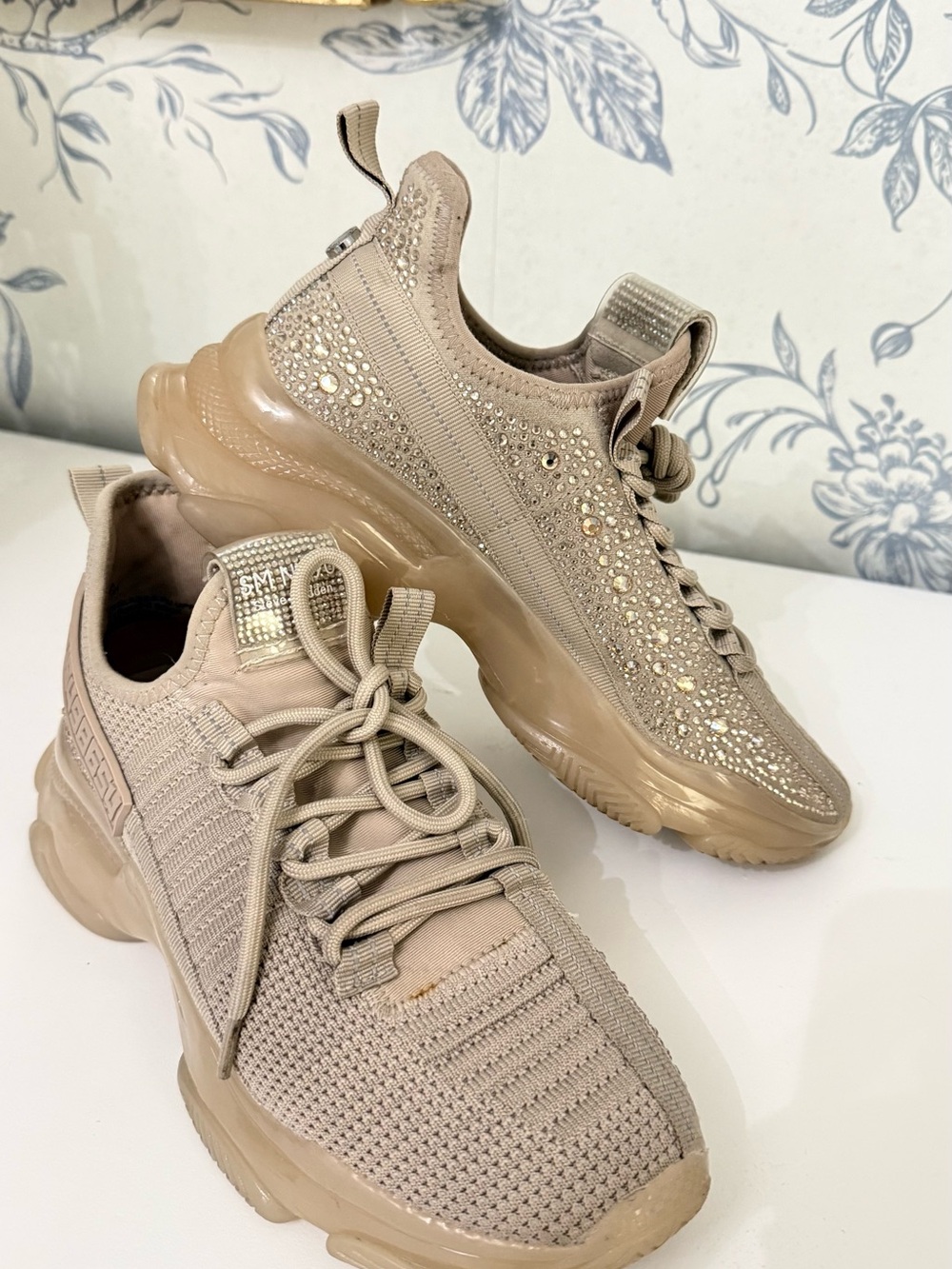 Steve Madden Beige Crystal-Embellished Knit Sneakers